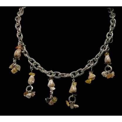 Handmade Gemstone Chip Fringe Necklace On Silver Tone Chain