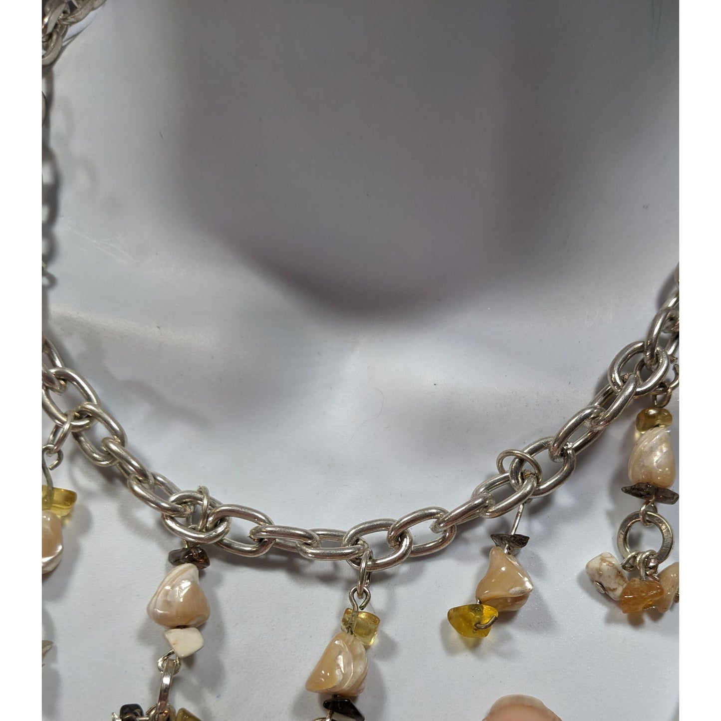 Handmade Gemstone Chip Fringe Necklace On Silver Tone Chain