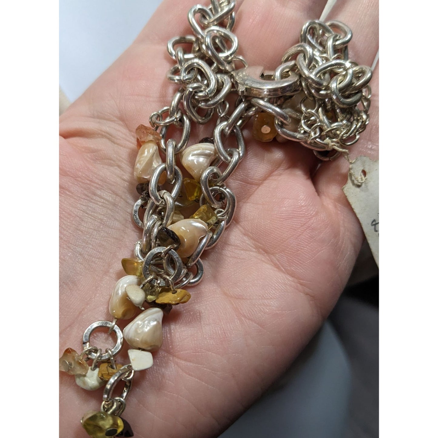 Handmade Gemstone Chip Fringe Necklace On Silver Tone Chain