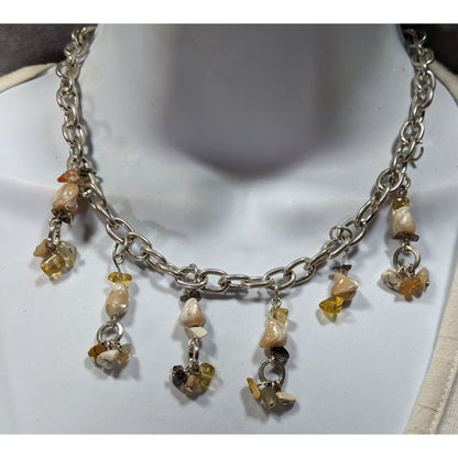 Handmade Gemstone Chip Fringe Necklace On Silver Tone Chain