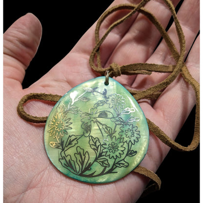 Handmade Floral Shell Pendant Necklace With Suede Cord