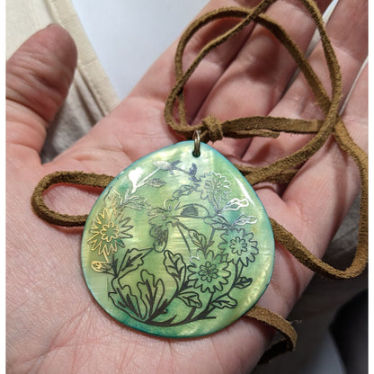 Handmade Floral Shell Pendant Necklace With Suede Cord