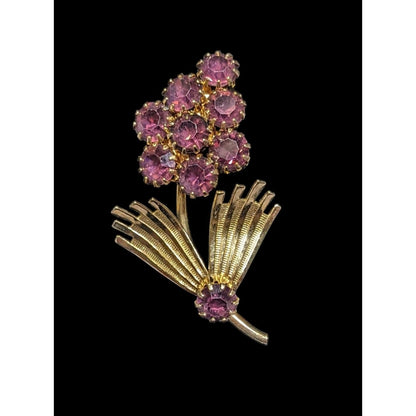 Vintage Purple And Gold Tone Floral Rhinestone Brooch