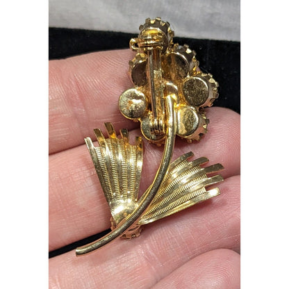 Vintage Purple And Gold Tone Floral Rhinestone Brooch