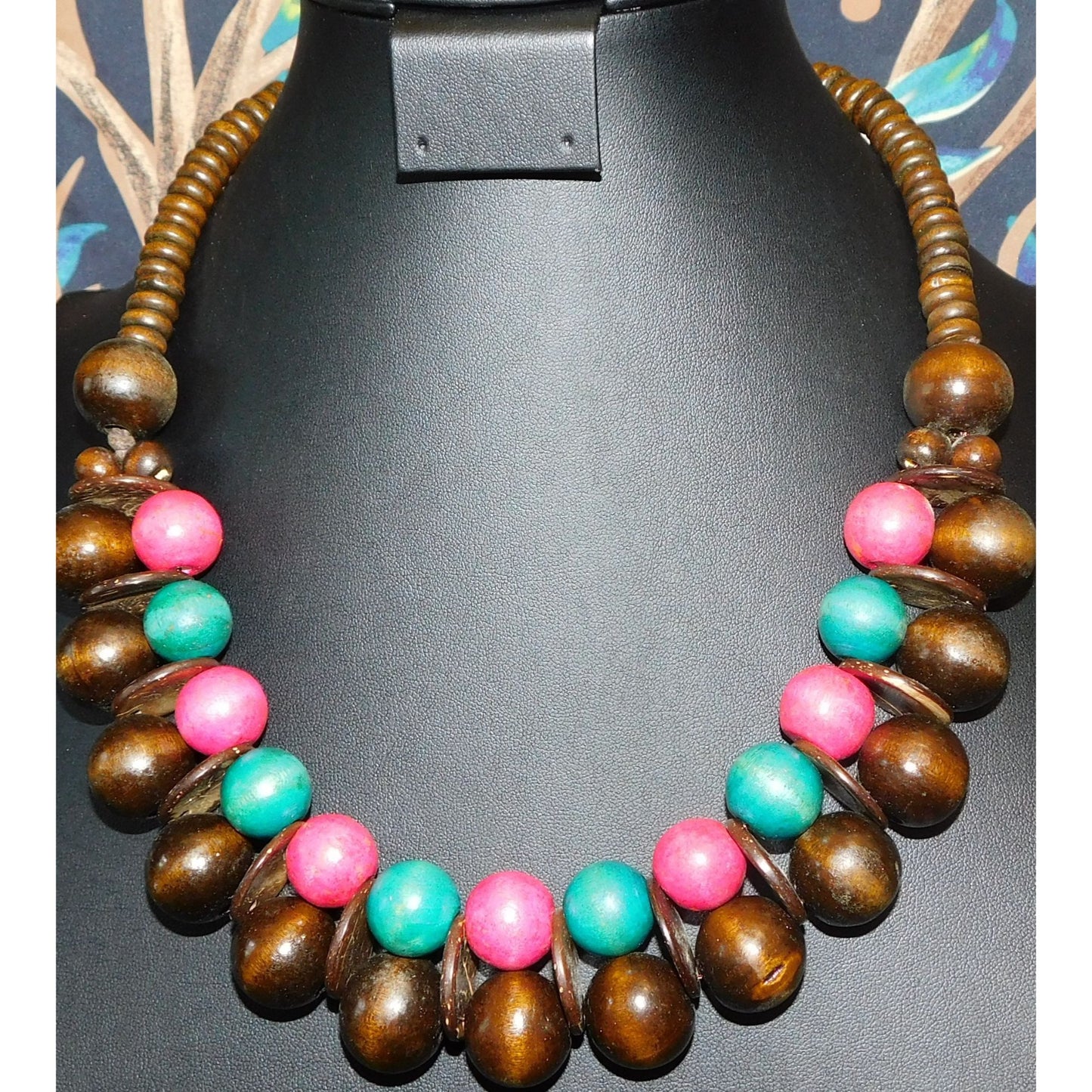 Vintage Wooden Beaded Statement  Necklace