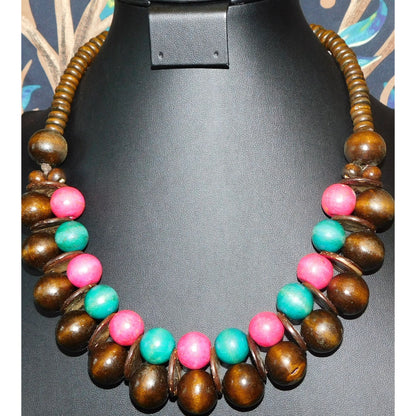 Vintage Wooden Beaded Statement  Necklace