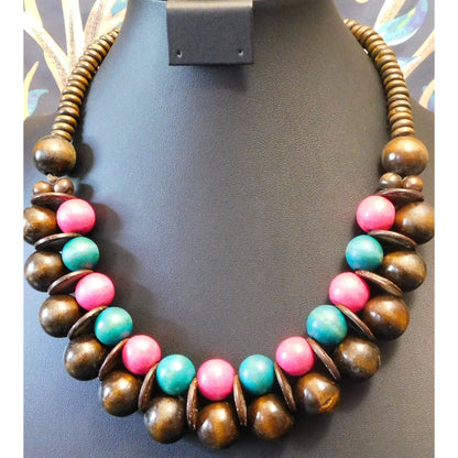 Vintage Wooden Beaded Statement  Necklace