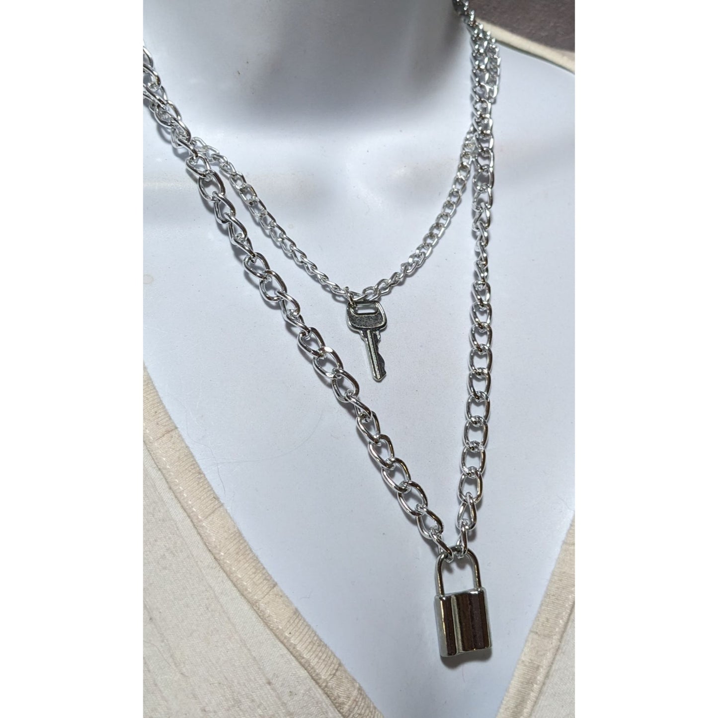 Multilayer Silver Padlock And Key Necklace