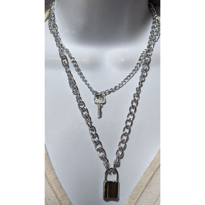 Multilayer Silver Padlock And Key Necklace