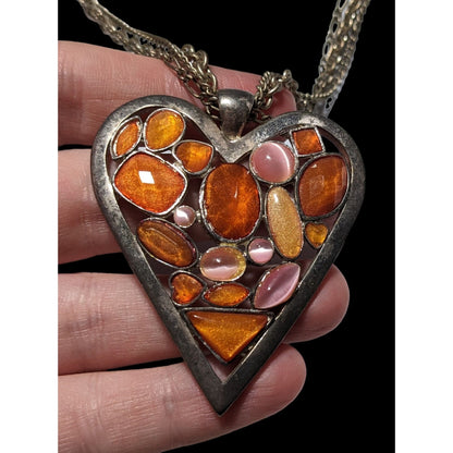 Pink And Orange Gemmed Heart Pendant Necklace