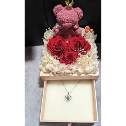 Preserved Rose Valentine Bear Necklace Gift Box