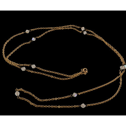 Gold Tone Aurora Borealis Crystal Station Necklace Elegant Sparkly Jewelry