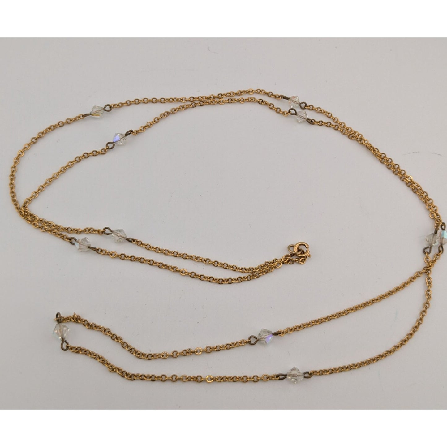 Gold Tone Aurora Borealis Crystal Station Necklace Elegant Sparkly Jewelry