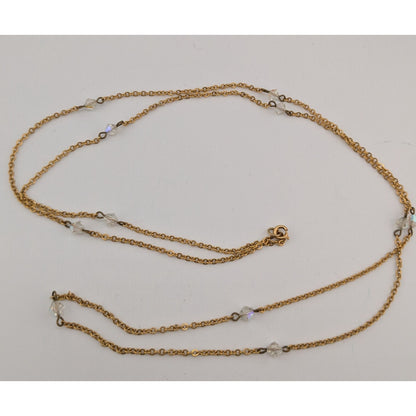 Gold Tone Aurora Borealis Crystal Station Necklace Elegant Sparkly Jewelry