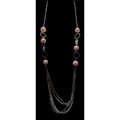 Long Silver & Pink Pearl Chain Necklace