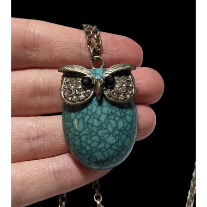 Turquoise Rhinestone Owl Necklace