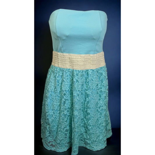 Turquoise Floral Lace Strapless Mini Dress