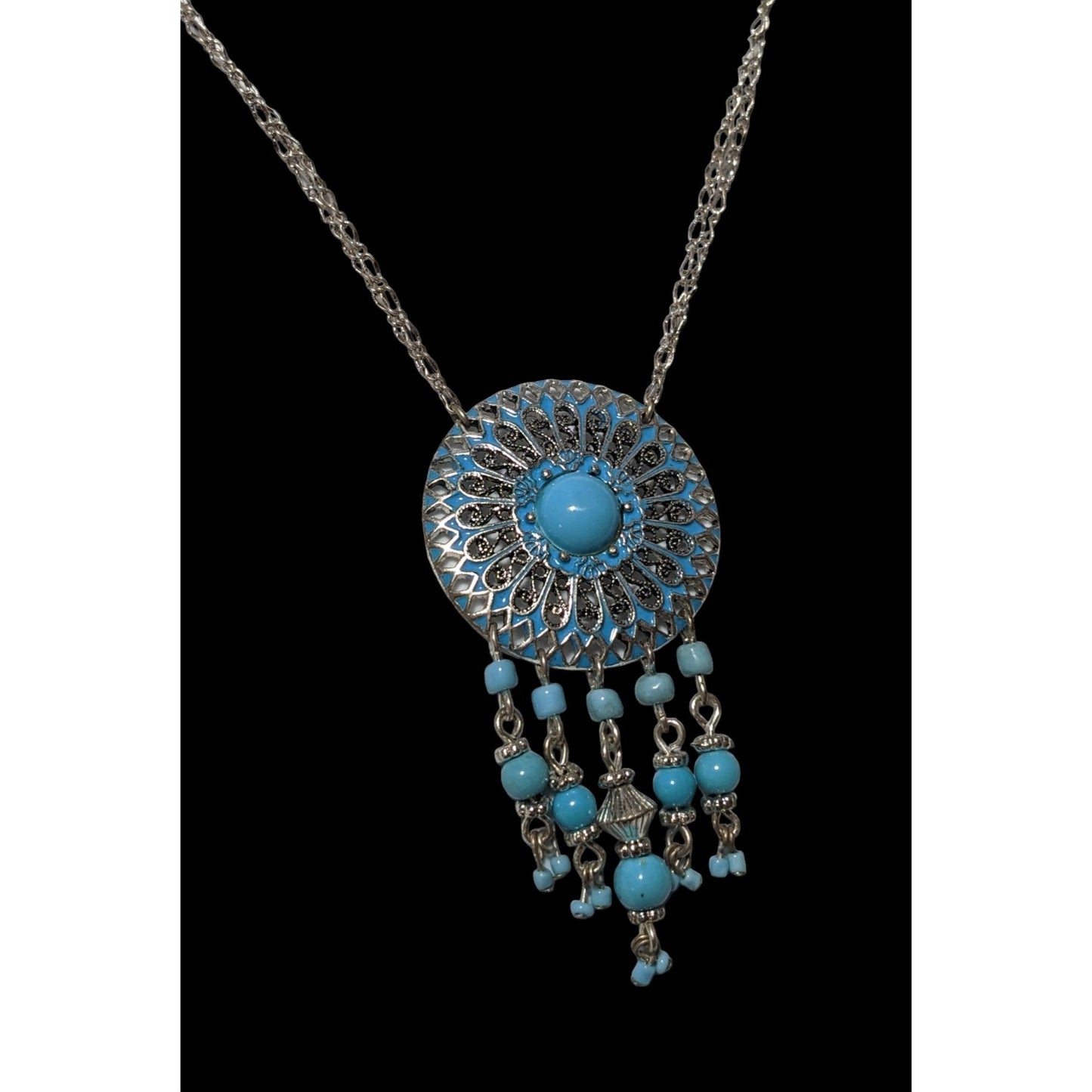 Vintage Avon Blue And Silver Bohemian Pendant Necklace