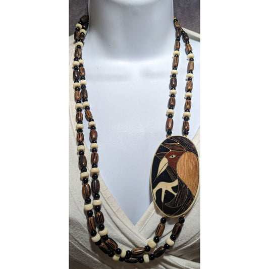 Vintage Wooden Beaded Bird Necklace
