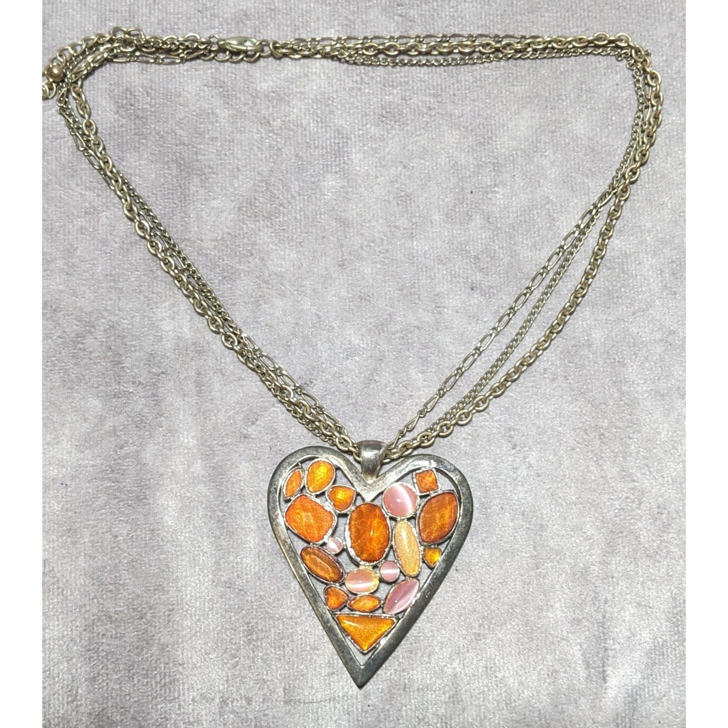 Pink And Orange Gemmed Heart Pendant Necklace