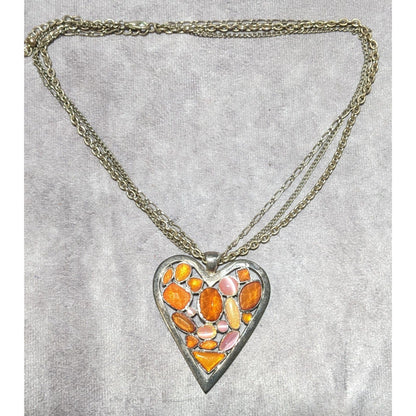 Pink And Orange Gemmed Heart Pendant Necklace