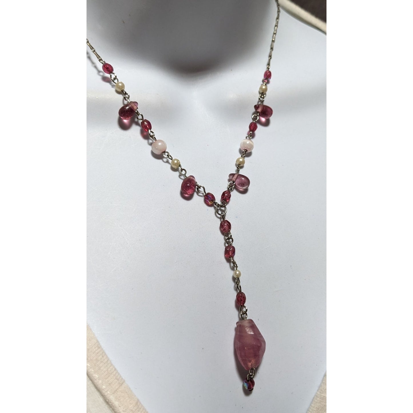Pink Beaded Y-Necklace With Glass Pendant