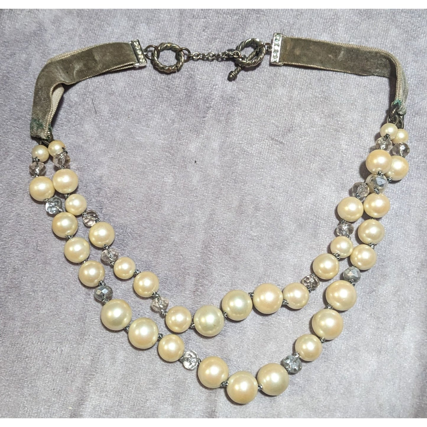 Vintage Monet Green Velvet And Pearl Necklace