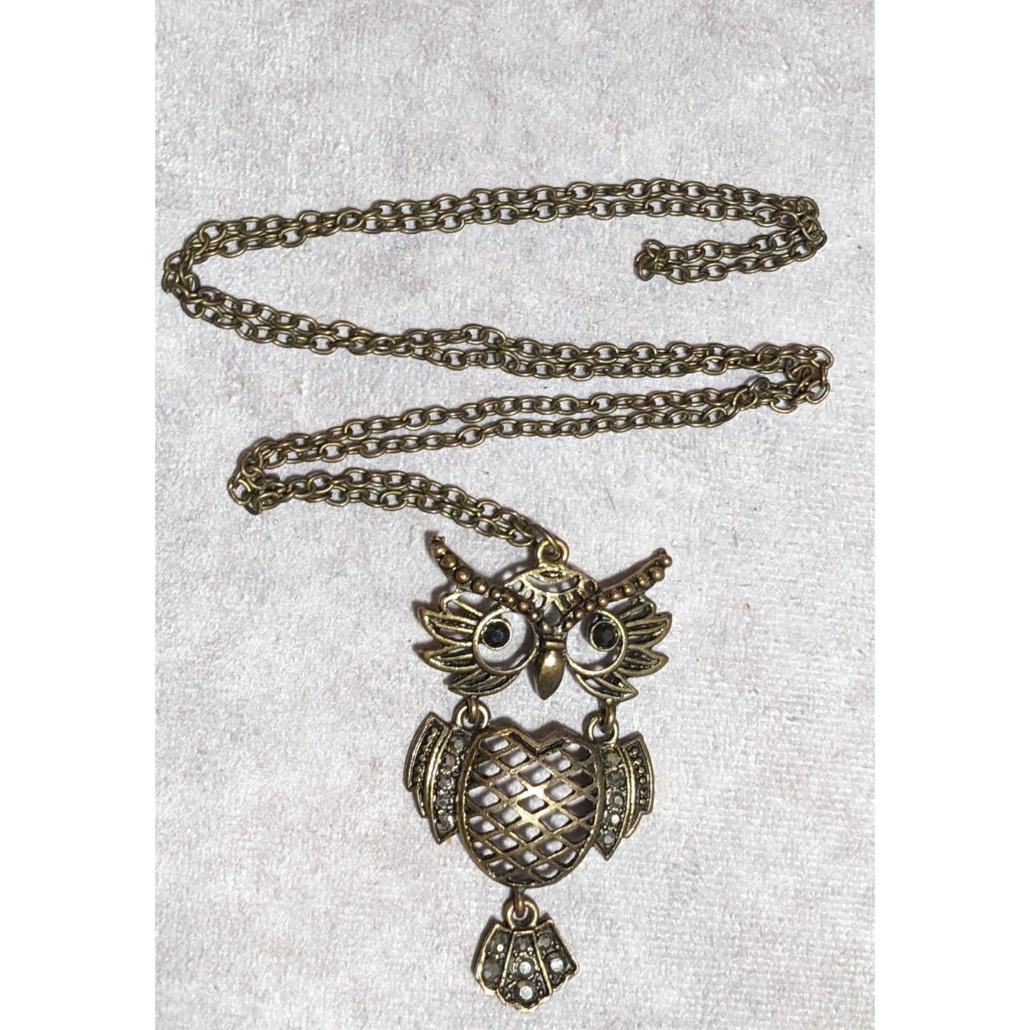 Vintage Brass Owl Pendant Necklace With Rhinestones