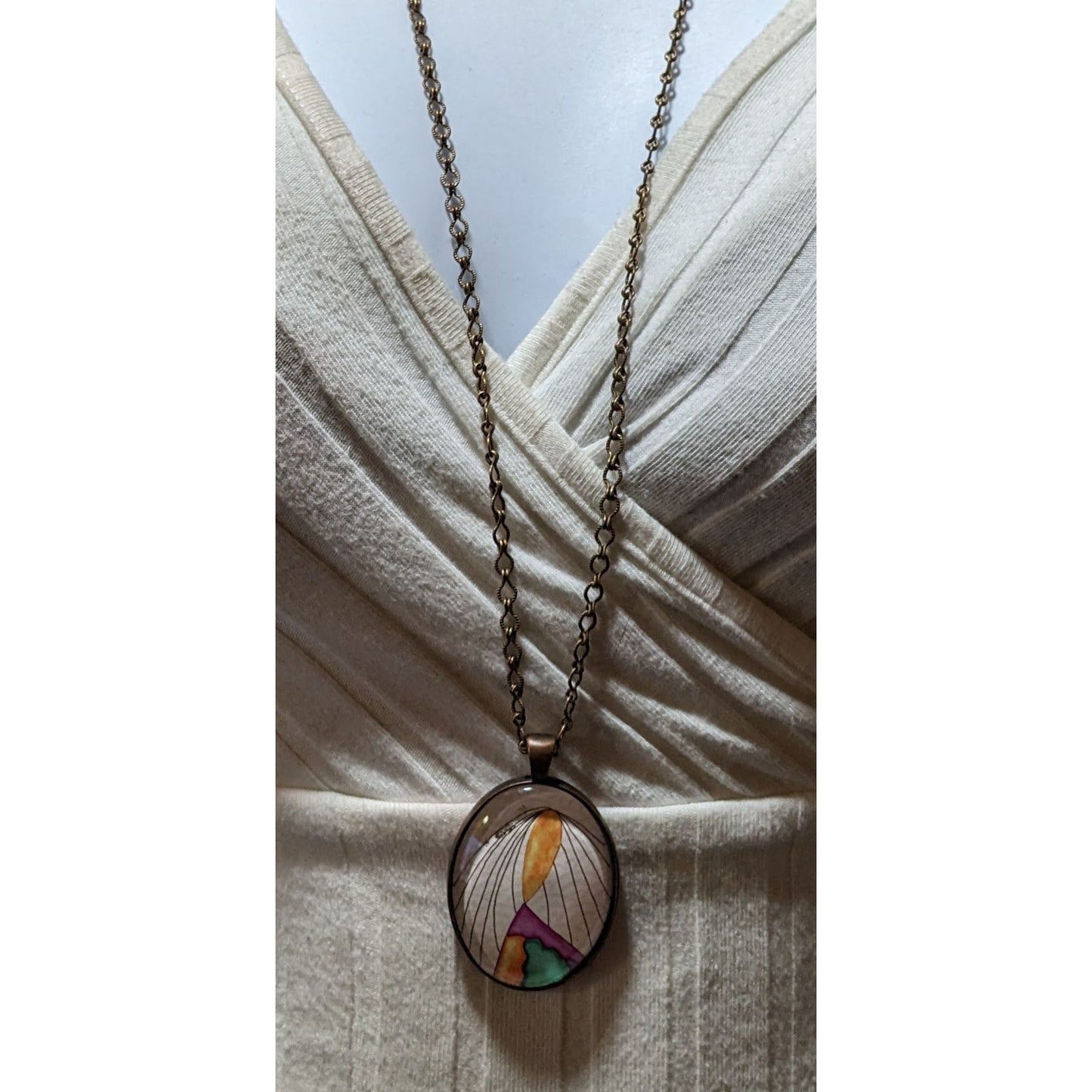 Abstract Art Print Oval Pendant Necklace