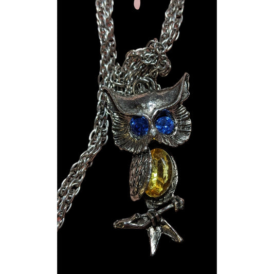 Blue And Yellow Gemmed Steampunk Owl Necklace