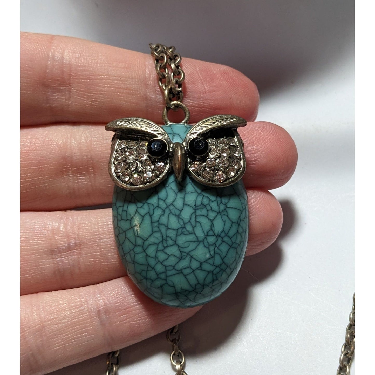 Turquoise Rhinestone Owl Necklace