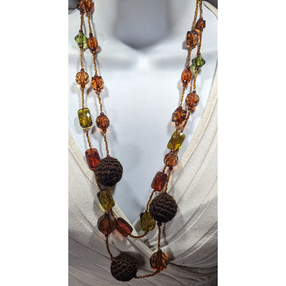 Vintage 70s Hippie Earth Tone Acrylic And Crochet Beaded Necklace