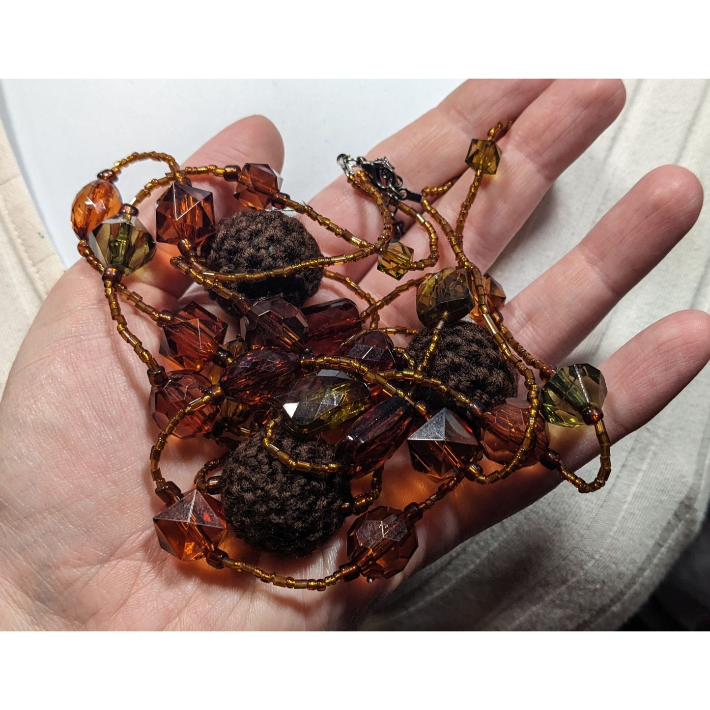 Vintage 70s Hippie Earth Tone Acrylic And Crochet Beaded Necklace