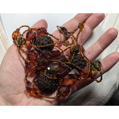 Vintage 70s Hippie Earth Tone Acrylic And Crochet Beaded Necklace
