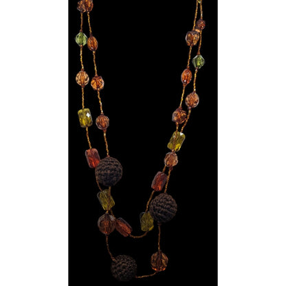 Vintage 70s Hippie Earth Tone Acrylic And Crochet Beaded Necklace