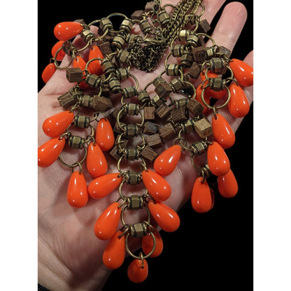 Vintage Bohemian Beaded Fringe Wood And Acrylic Bib Necklace