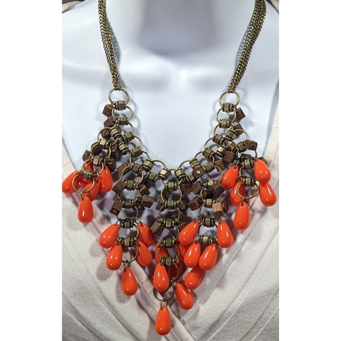 Vintage Bohemian Beaded Fringe Wood And Acrylic Bib Necklace