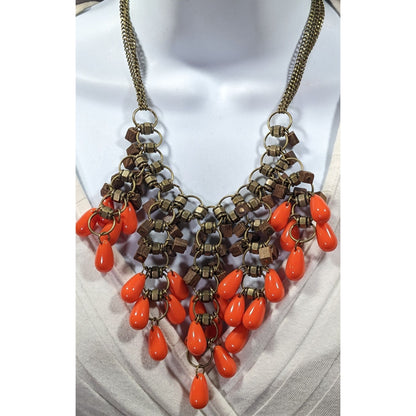 Vintage Bohemian Beaded Fringe Wood And Acrylic Bib Necklace