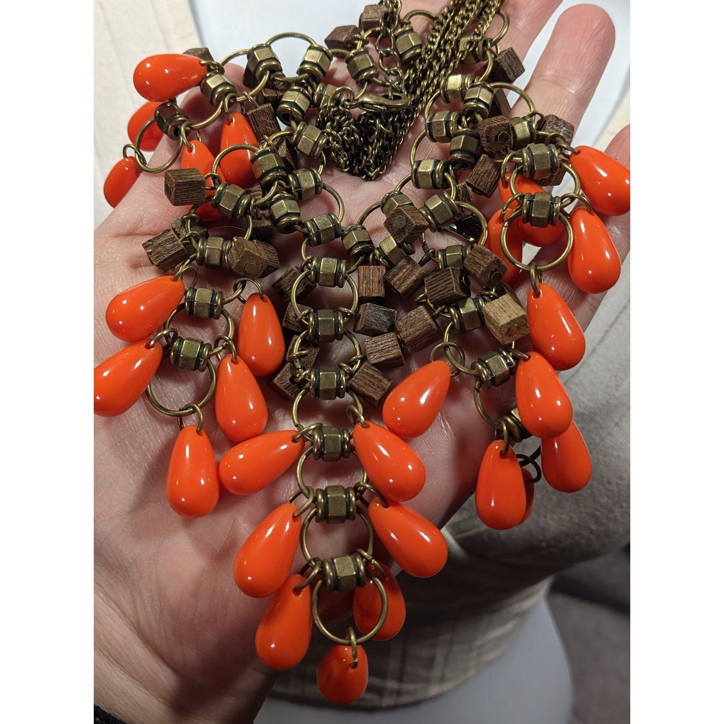Vintage Bohemian Beaded Fringe Wood And Acrylic Bib Necklace