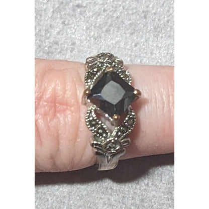 Gothic Art Deco Black Gemmed And Marcasite Ring Size 7 1/4