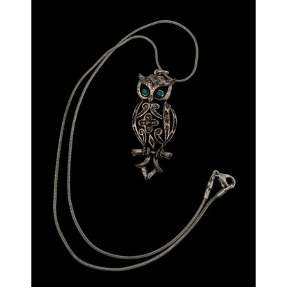Vintage Witchy Whimsigoth Silver Tone Owl Pendant Necklace With Green Gem Eyes