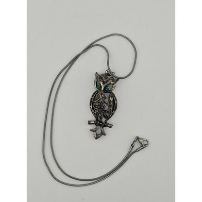Vintage Witchy Whimsigoth Silver Tone Owl Pendant Necklace With Green Gem Eyes