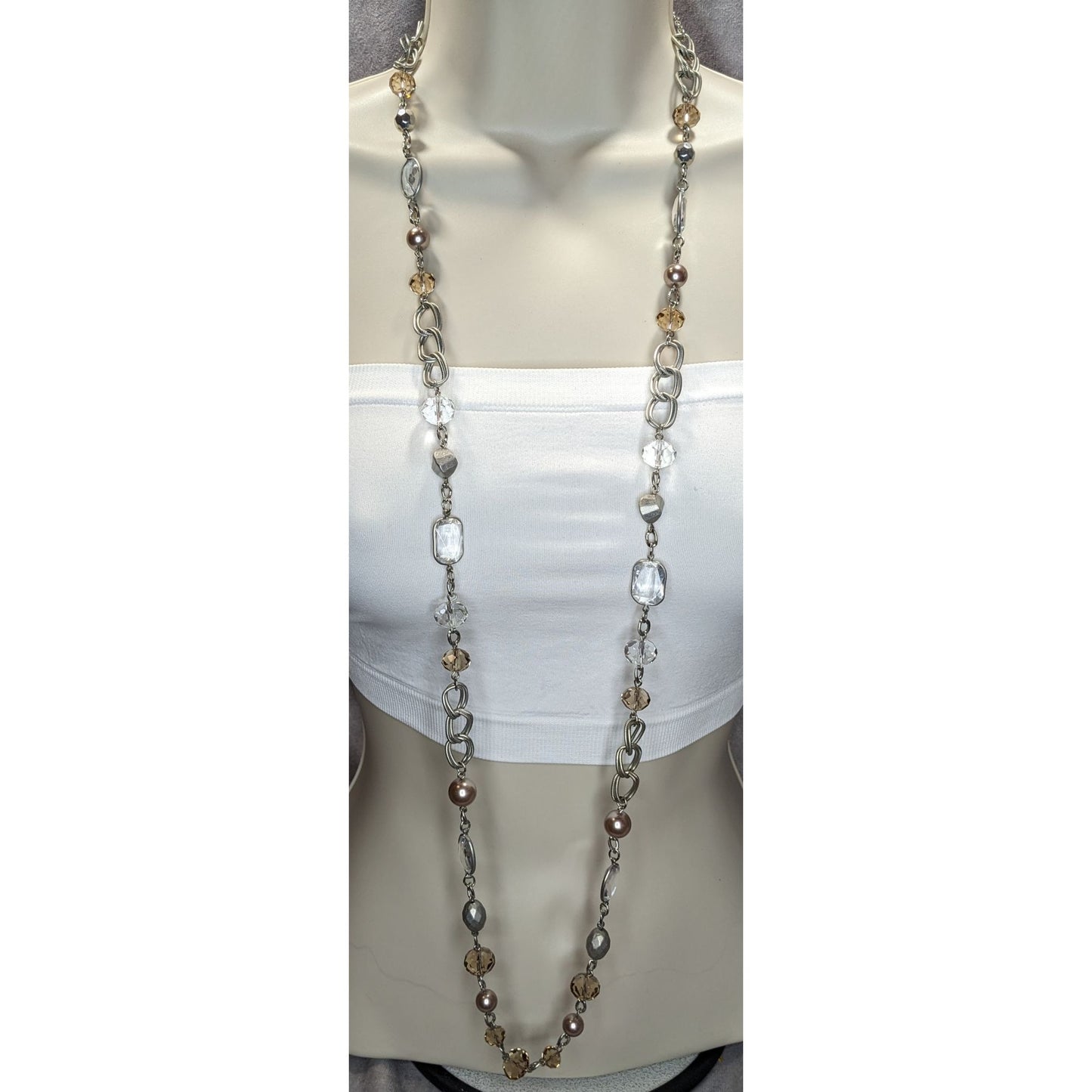 Boho Modern Glam Loft Long Layering Glass Crystal Beaded Necklace Silver Neutral