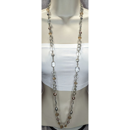 Boho Modern Glam Loft Long Layering Glass Crystal Beaded Necklace Silver Neutral