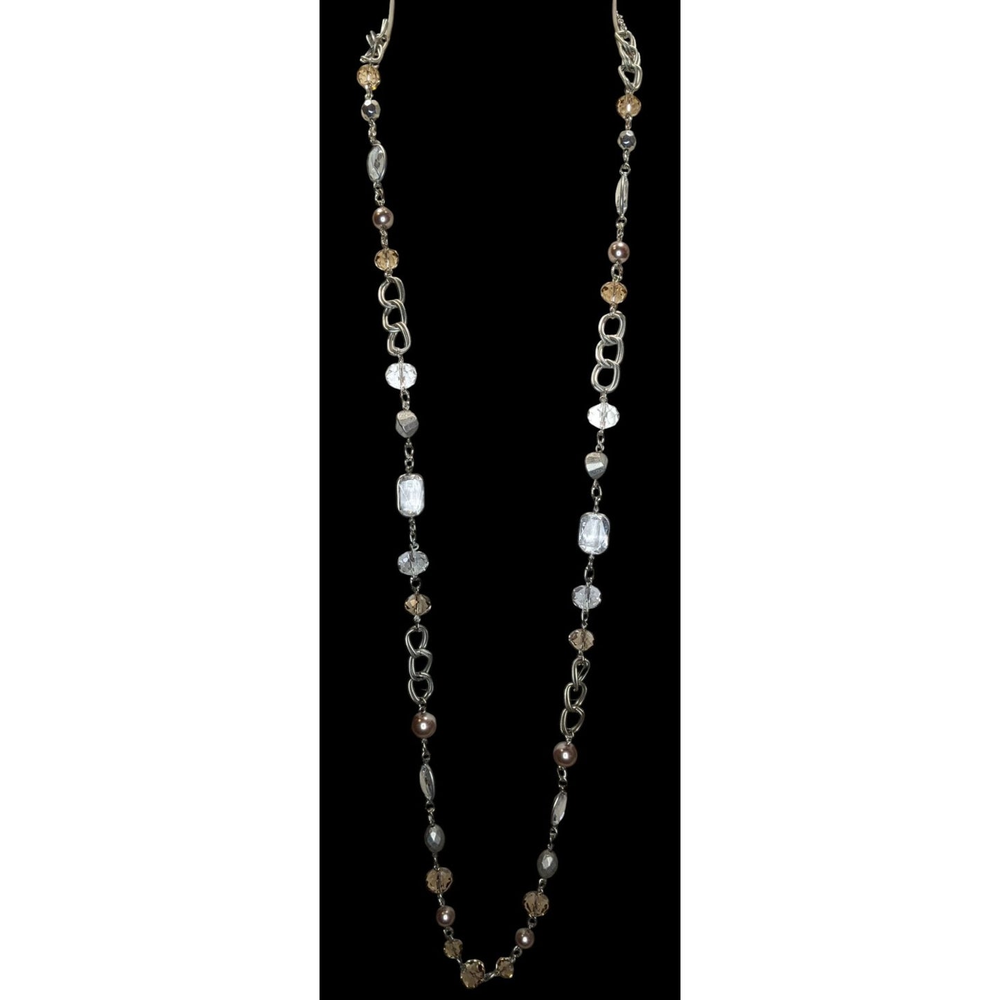 Boho Modern Glam Loft Long Layering Glass Crystal Beaded Necklace Silver Neutral
