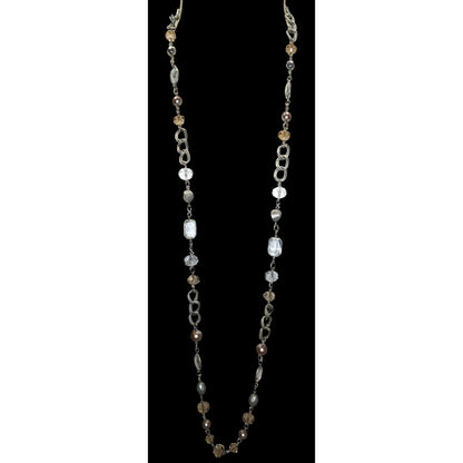 Boho Modern Glam Loft Long Layering Glass Crystal Beaded Necklace Silver Neutral