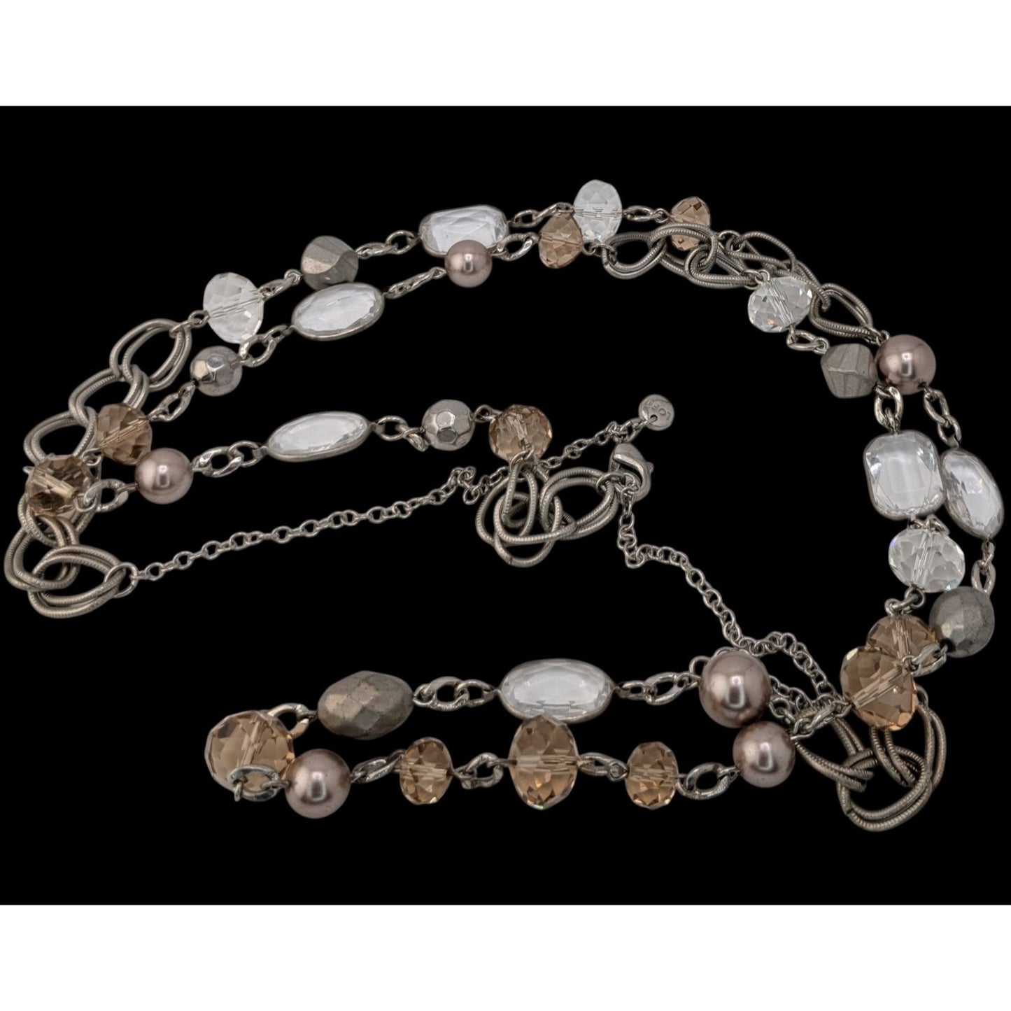 Boho Modern Glam Loft Long Layering Glass Crystal Beaded Necklace Silver Neutral