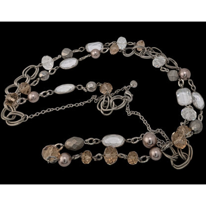Boho Modern Glam Loft Long Layering Glass Crystal Beaded Necklace Silver Neutral