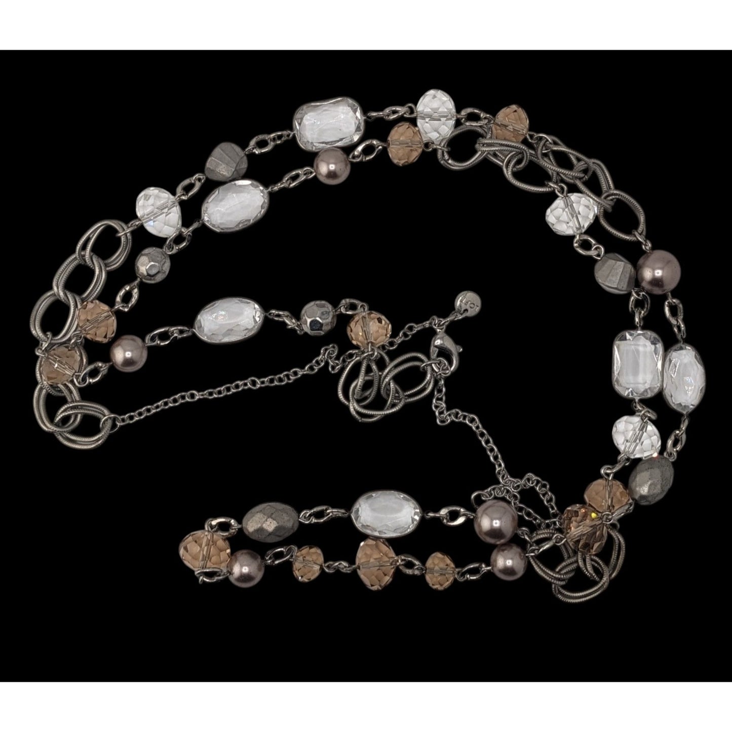 Boho Modern Glam Loft Long Layering Glass Crystal Beaded Necklace Silver Neutral