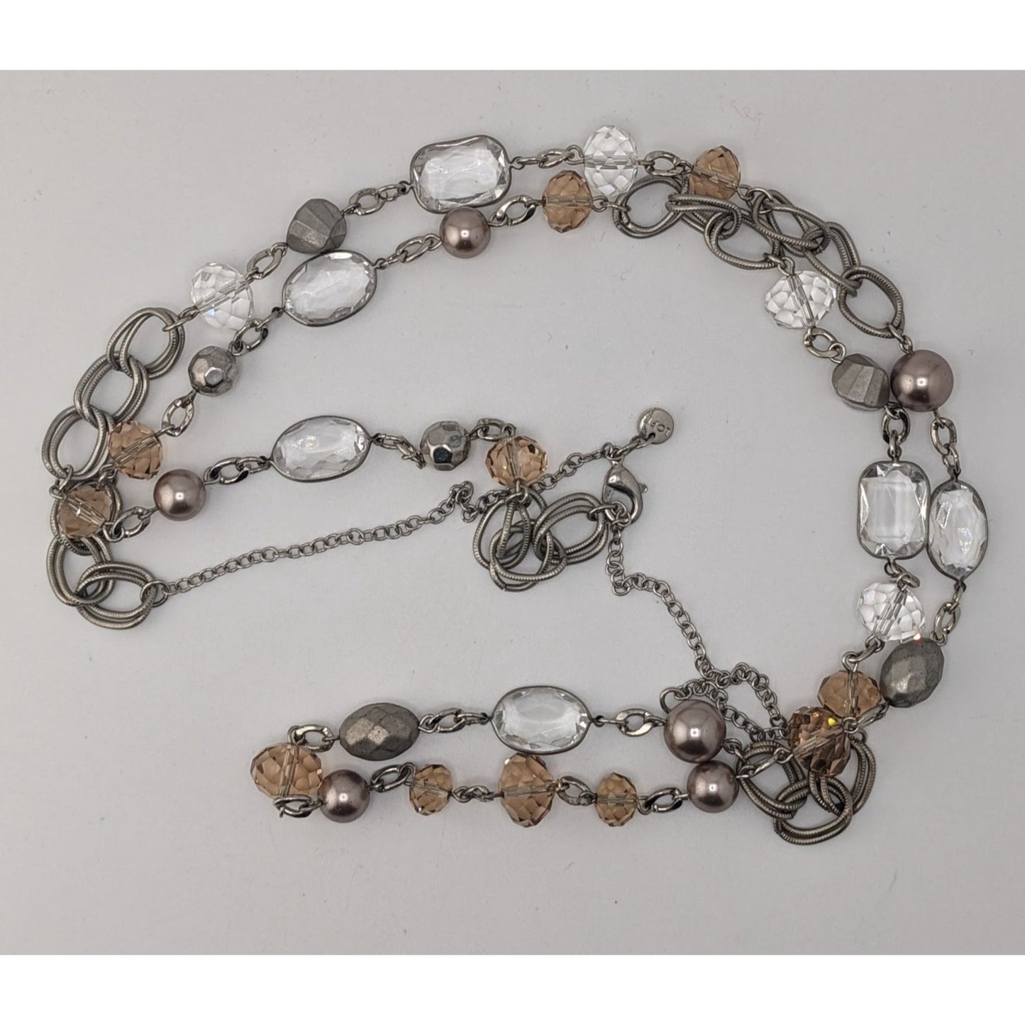 Boho Modern Glam Loft Long Layering Glass Crystal Beaded Necklace Silver Neutral